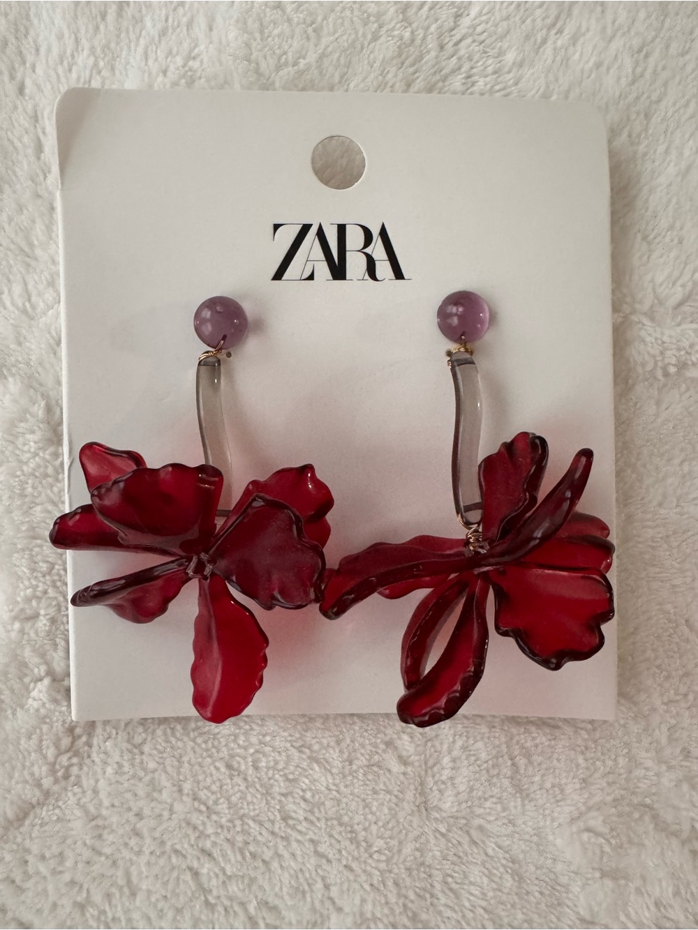 ZARA Red Floral Drop Earrings with Purple Studs